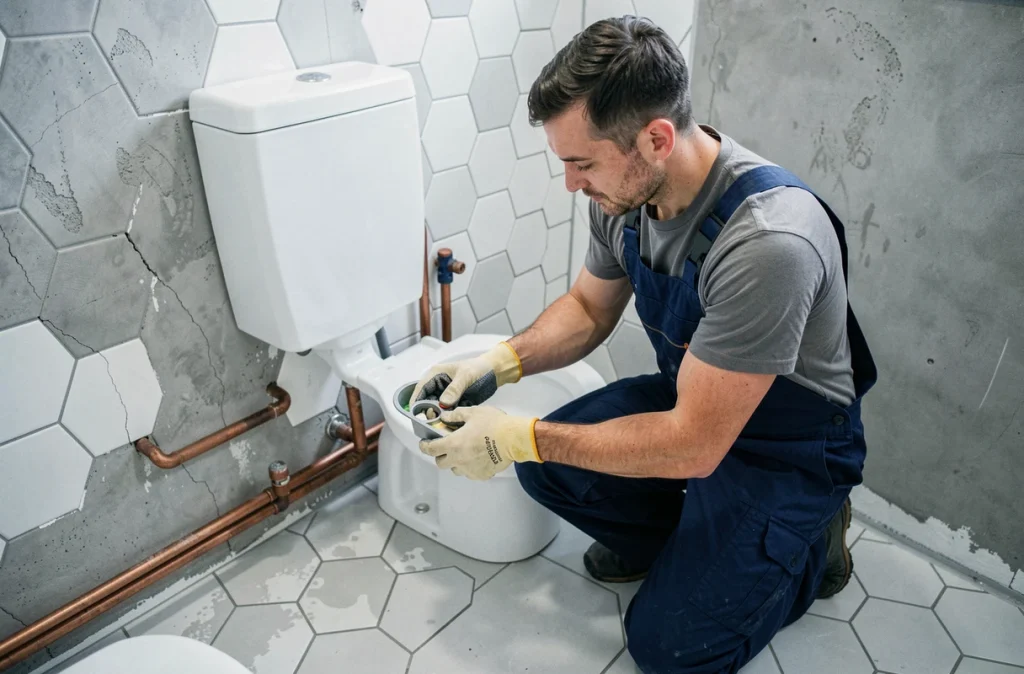 Plombier installant un mécanisme de chasse d'eau double débit dans une salle de bain rénovée avec carrelage hexagonal