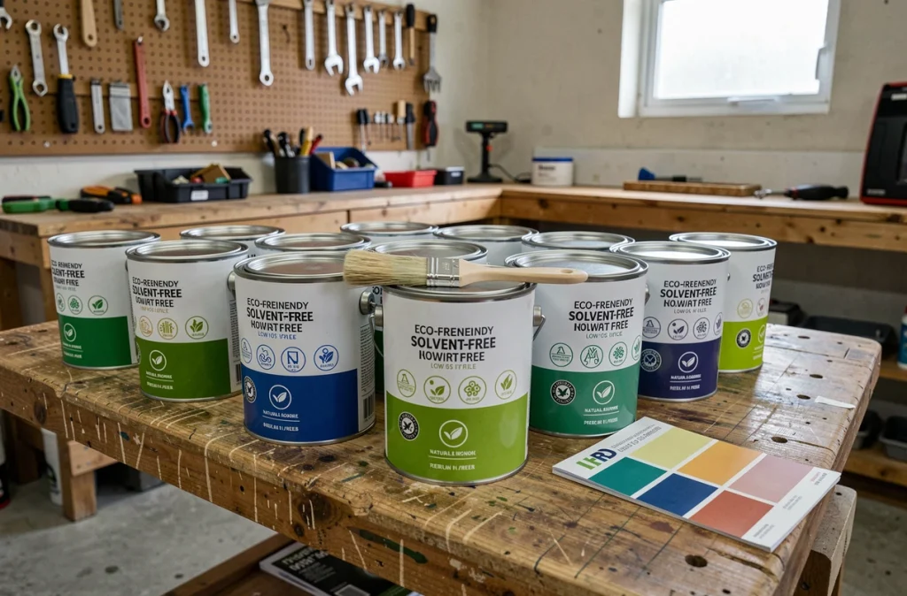 Pots de peinture écologique sans solvant avec étiquettes naturelles sur un établi en bois