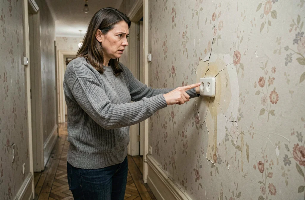 Femme montrant une prise électrique vétuste et endommagée dans un couloir d'appartement ancien à rénover