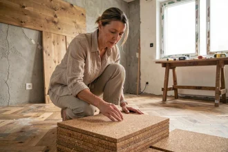 Femme examinant des dalles de liège naturel dans un appartement en cours de rénovation écologique