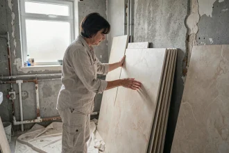 Femme examinant des carreaux de salle de bain lors d'une rénovation, murs en béton apparents et plomberie exposée