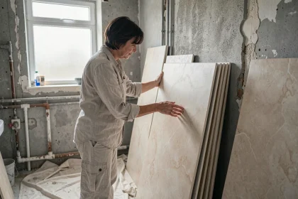 Femme examinant des carreaux de salle de bain lors d'une rénovation, murs en béton apparents et plomberie exposée