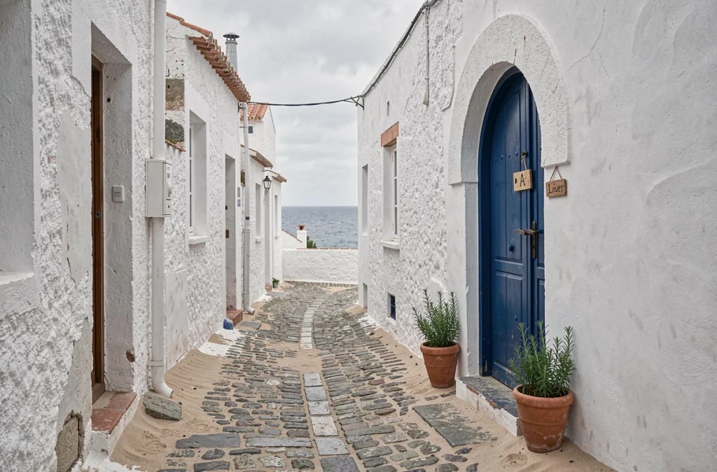 Ruelle de la médina d'Essaouira avec une porte en bois bleue d'une villa à louer longue durée et vue sur l'océan Atlantique