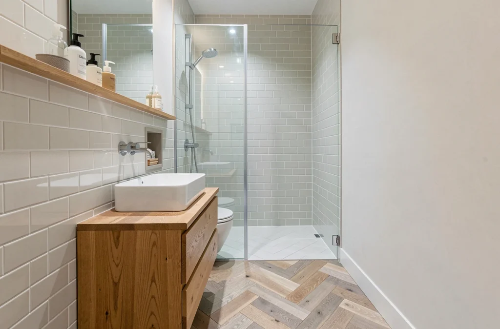 Salle de bain rénovée avec robinet économiseur d'eau, vasque en céramique et rangements optimisés dans un appartement parisien
