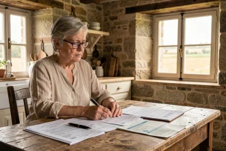 Femme âgée consultant des documents de succession agricole dans une ferme française