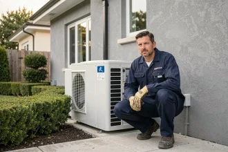 Technicien installant une pompe à chaleur sur la façade d'une maison rénovée