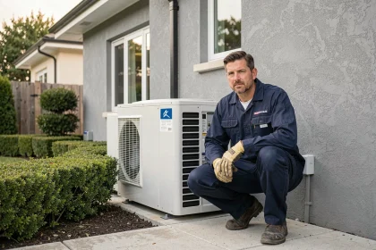 Technicien installant une pompe à chaleur sur la façade d'une maison rénovée