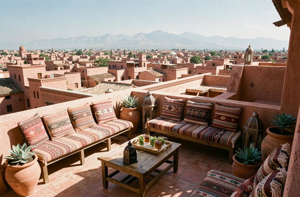 Terrasse d'une maison traditionnelle à Marrakech avec vue sur les toits de la médina, idéale pour la location touristique