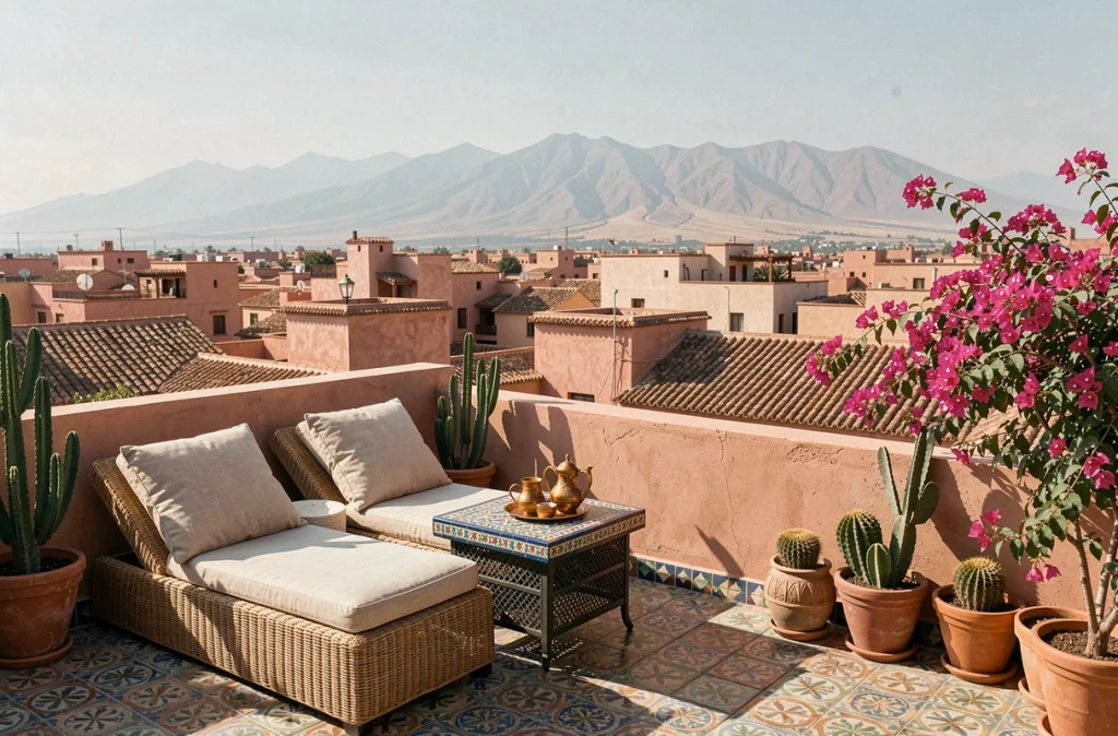 Terrasse d'un riad rénové à Marrakech avec vue sur les toits de la médina et les montagnes de l'Atlas, parfait pour un investissement immobilier en 2026