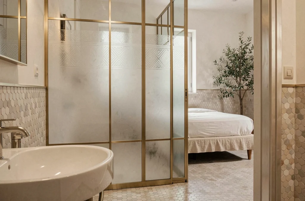 Verrière intérieure en laiton brossé entre une salle de bain en mosaïque et une chambre dans un studio