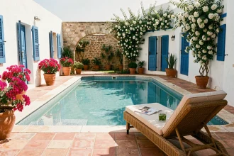 Terrasse avec piscine longue d'une villa à Essaouira au Maroc, entourée de murs blancs et de volets bleus traditionnels, idéale pour une location longue durée