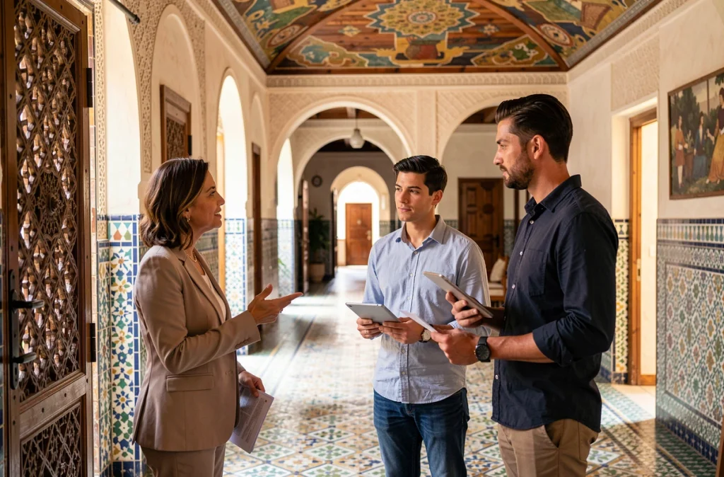 Agent immobilier présentant un riad à acheter dans le quartier du Mellah à Marrakech à des acheteurs potentiels dans un couloir voûté orné de mosaïques