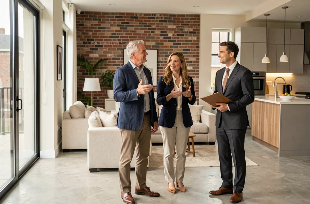 Couple visitant un appartement résidentiel neuf avec un consultant immobilier