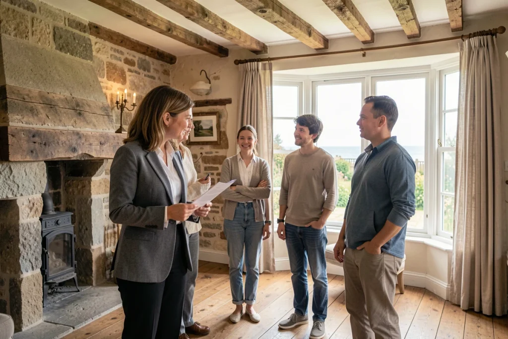 Agent immobilier présentant un séjour avec poutres apparentes d'une maison normande en bord de mer à une famille