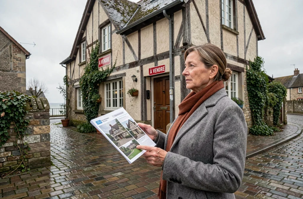 Femme visitant une maison normande à vendre près de la mer avec budget limité