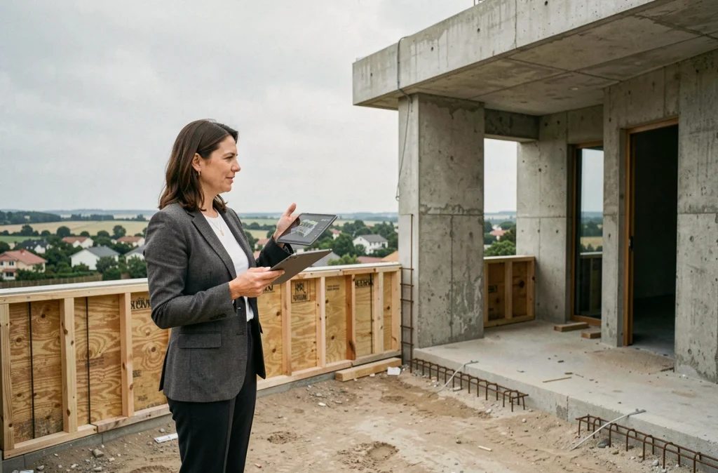 Architecte sur le chantier d'une villa familiale tenant une tablette avec des plans 3D