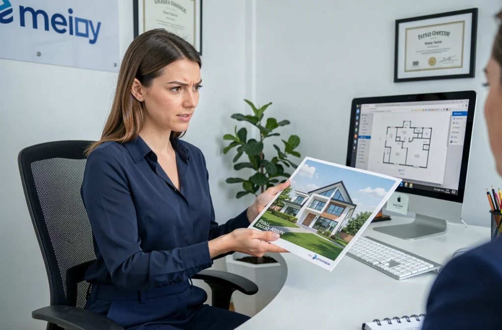 Conseillère commerciale présentant une brochure de maison individuelle à un client dans une agence immobilière