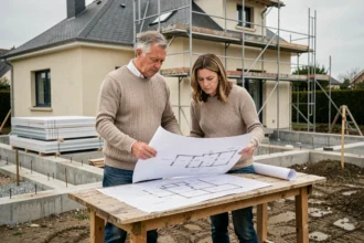 Couple examinant les plans de leur maison en construction sur un chantier résidentiel