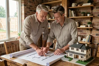 Couple étudiant les plans d'une villa familiale autour d'une table avec une maquette architecturale