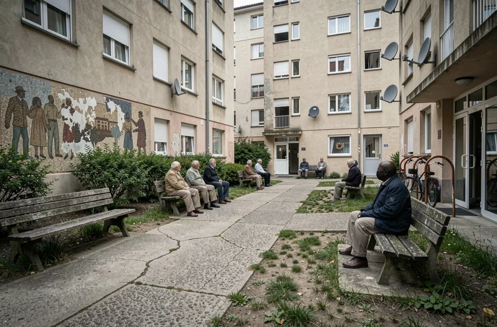 Cour intérieure de la cité Pablo Picasso à Nanterre avec habitants assis sur des bancs, mosaïque murale et allées en béton entre les tours résidentielles