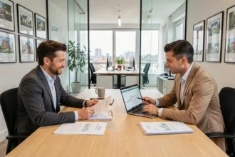Un conseiller en courtage immobilier et un client examinent des offres de prêt dans un bureau moderne de l'Ain
