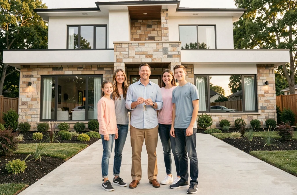 Famille devant leur nouvelle villa familiale moderne avec clés en main et jardin paysagé
