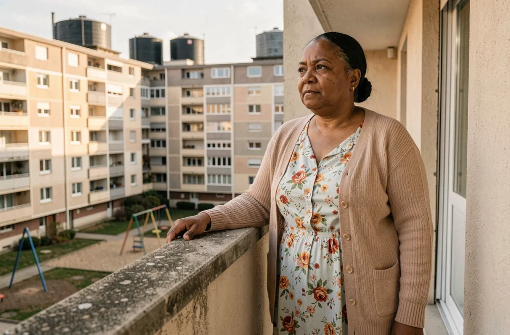 Femme habitante d'un immeuble HLM de la cité Pablo Picasso à Nanterre, appuyée sur son balcon en béton avec vue sur les tours environnantes