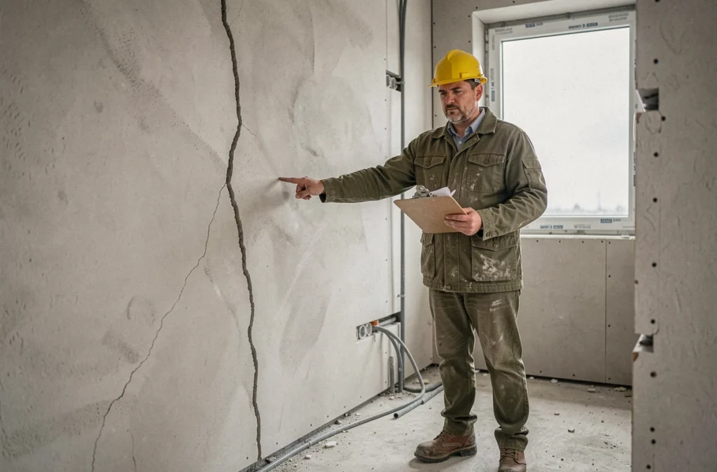 Chef de chantier inspectant une fissure sur un mur intérieur d'une maison neuve en cours de construction
