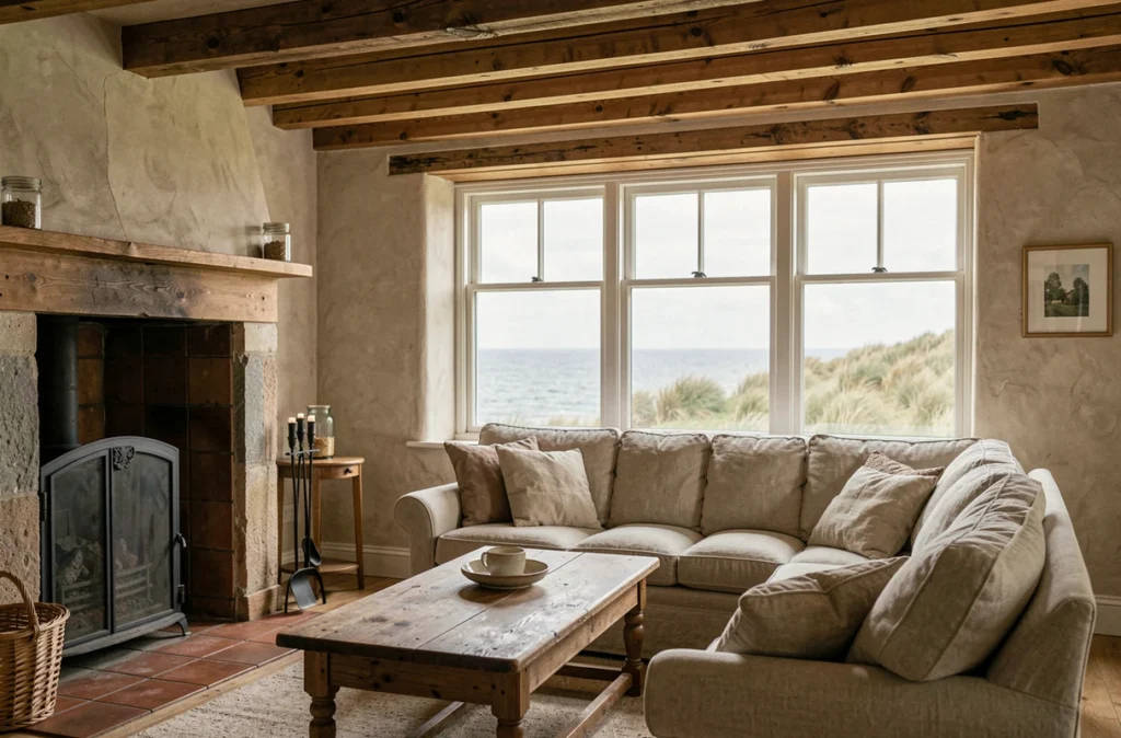 Intérieur authentique d'une maison normande avec poutres en chêne, cheminée en pierre et vue sur la mer depuis le salon