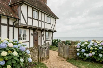 Façade d'une maison normande à colombages avec jardin fleuri et vue sur la mer en arrière-plan, à vendre en Normandie