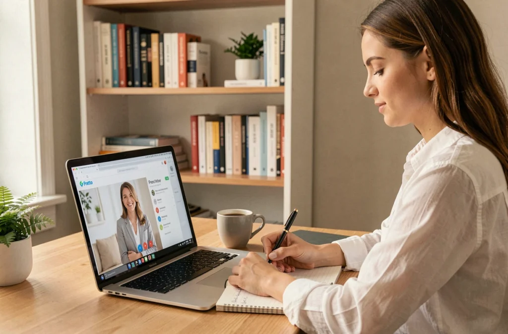 Une conseillère Pretto réalise une simulation de prêt immobilier en ligne depuis son bureau à domicile