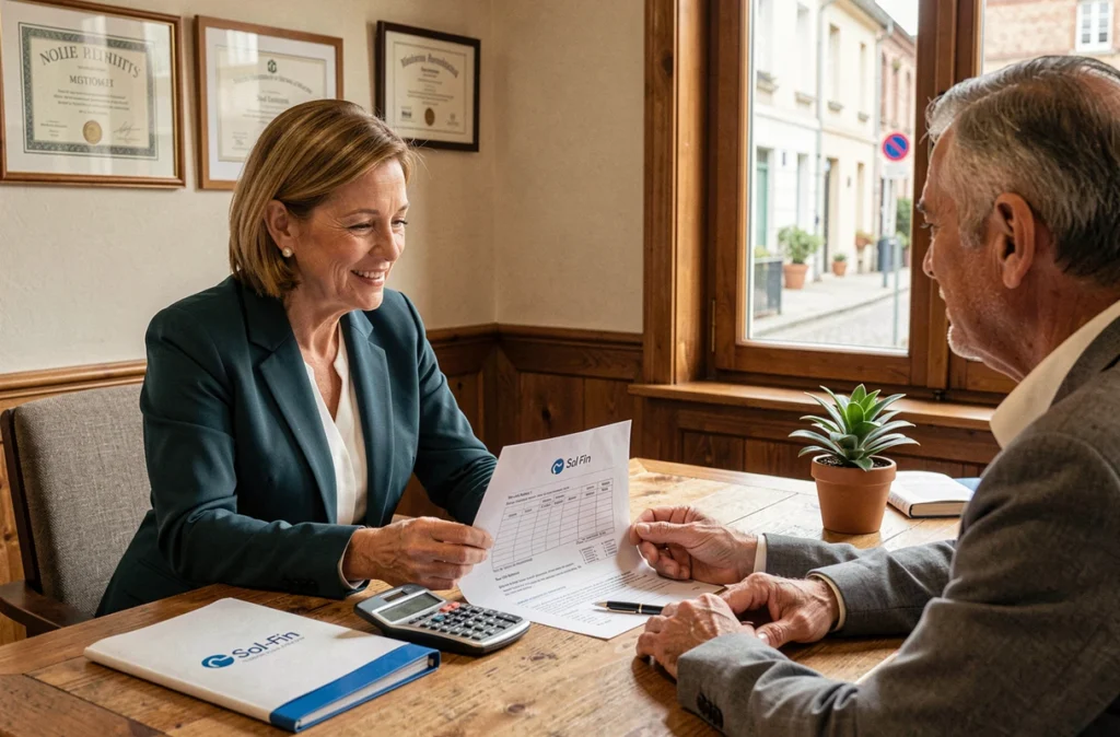 Une conseillère Sol-Fin présente une proposition de financement immobilier personnalisée à un couple dans son bureau
