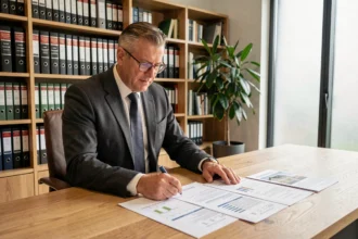 Expert en évaluation patrimoniale examinant des documents d'estimation immobilière dans un bureau de notaire moderne