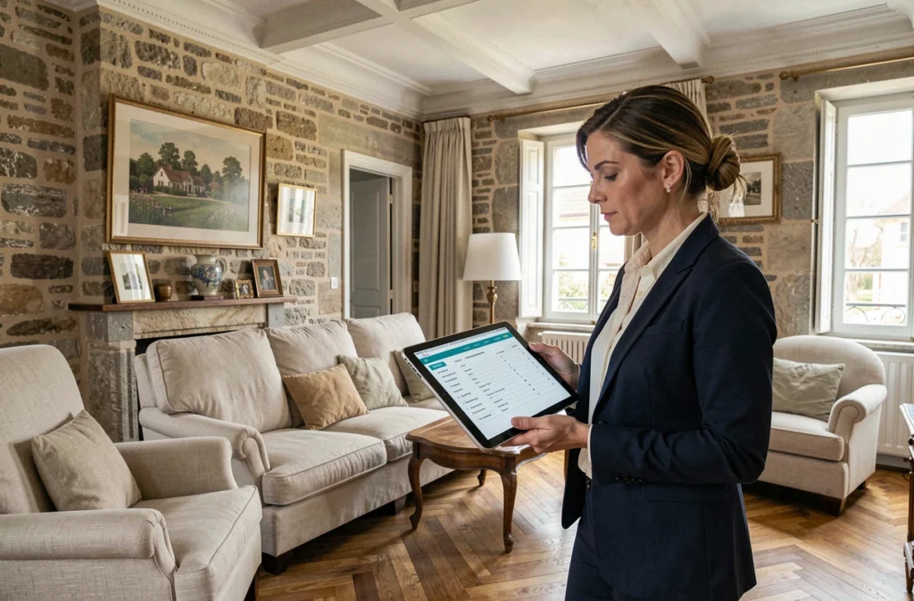Experte en bien patrimonial évaluant un appartement de caractère avec parquet et murs en pierre