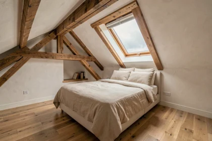 Grenier rénové transformé en chambre avec poutres apparentes et fenêtre de toit